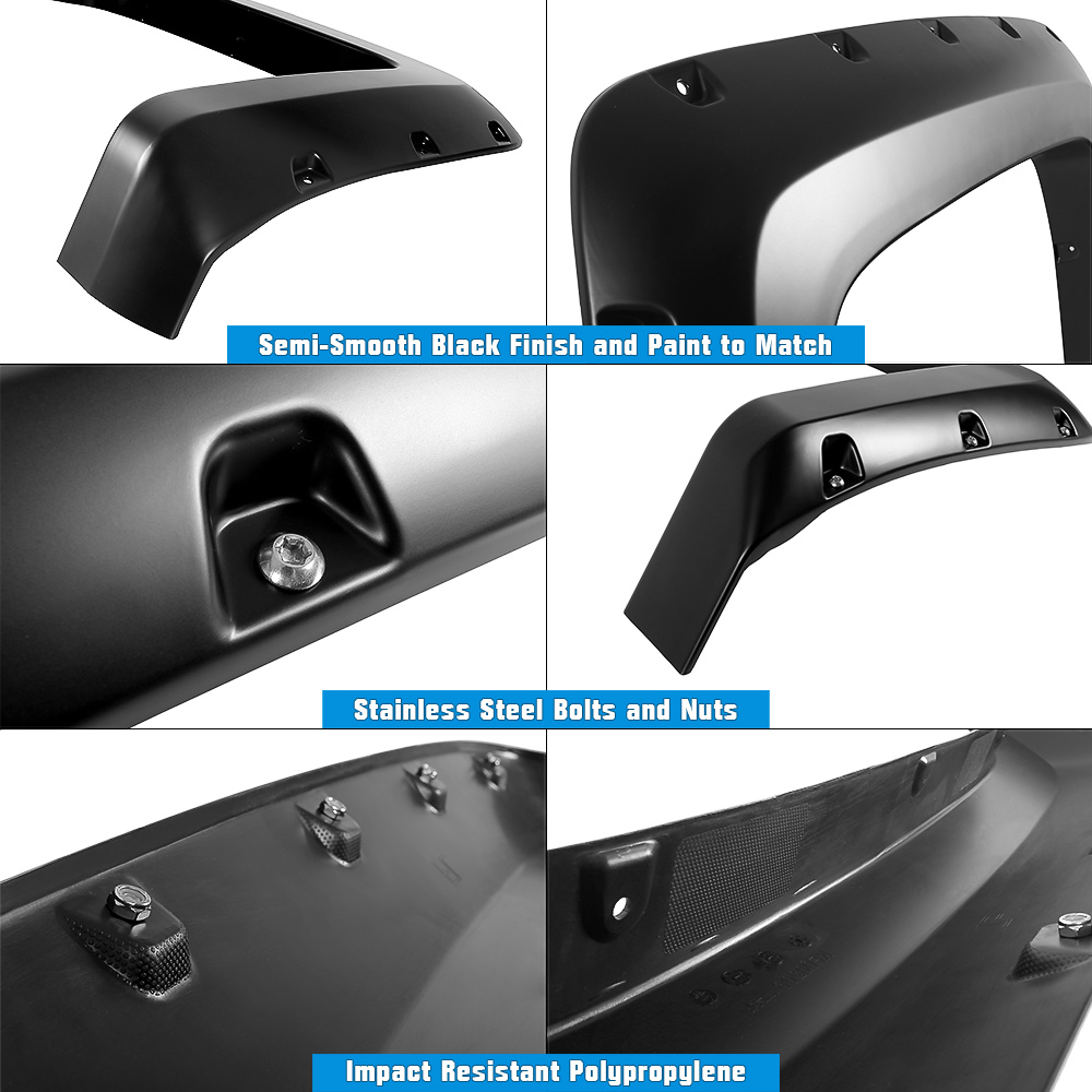 2014-2018 Chevrolet Silverado 1500 (Bed Lenghth 6'6"/ 8'1")2019 Chevrolet Silverado 1500 LD (Standard 6'6" Bed) 2015-2019 Chevrolet Silverado 2500 HD/3500 HD (Bed Length 6'6"/ 8' 1") ;Excludes Dually Front and Rear Wheel Arches Fender Flare Pocket Dimple