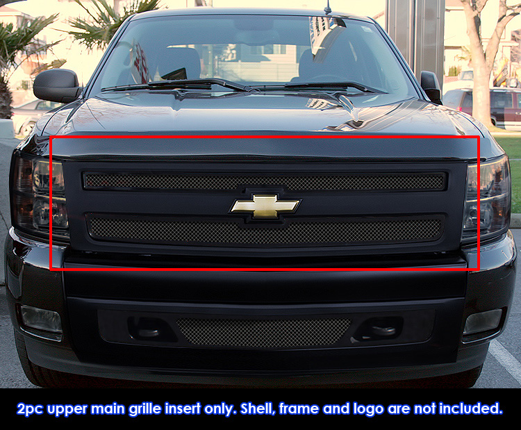 2007-2013 Chevy Silverado 1500 (only for models with logo height exceeding center bar) Main Upper Black Wire Mesh Grille