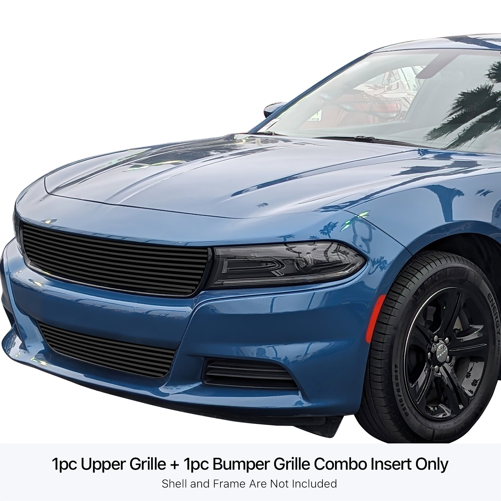 2015-2018 Dodge Charger Without Adaptive Cruise Control Main Upper + Lower Bumper Black Stainless Steel Billet Grille