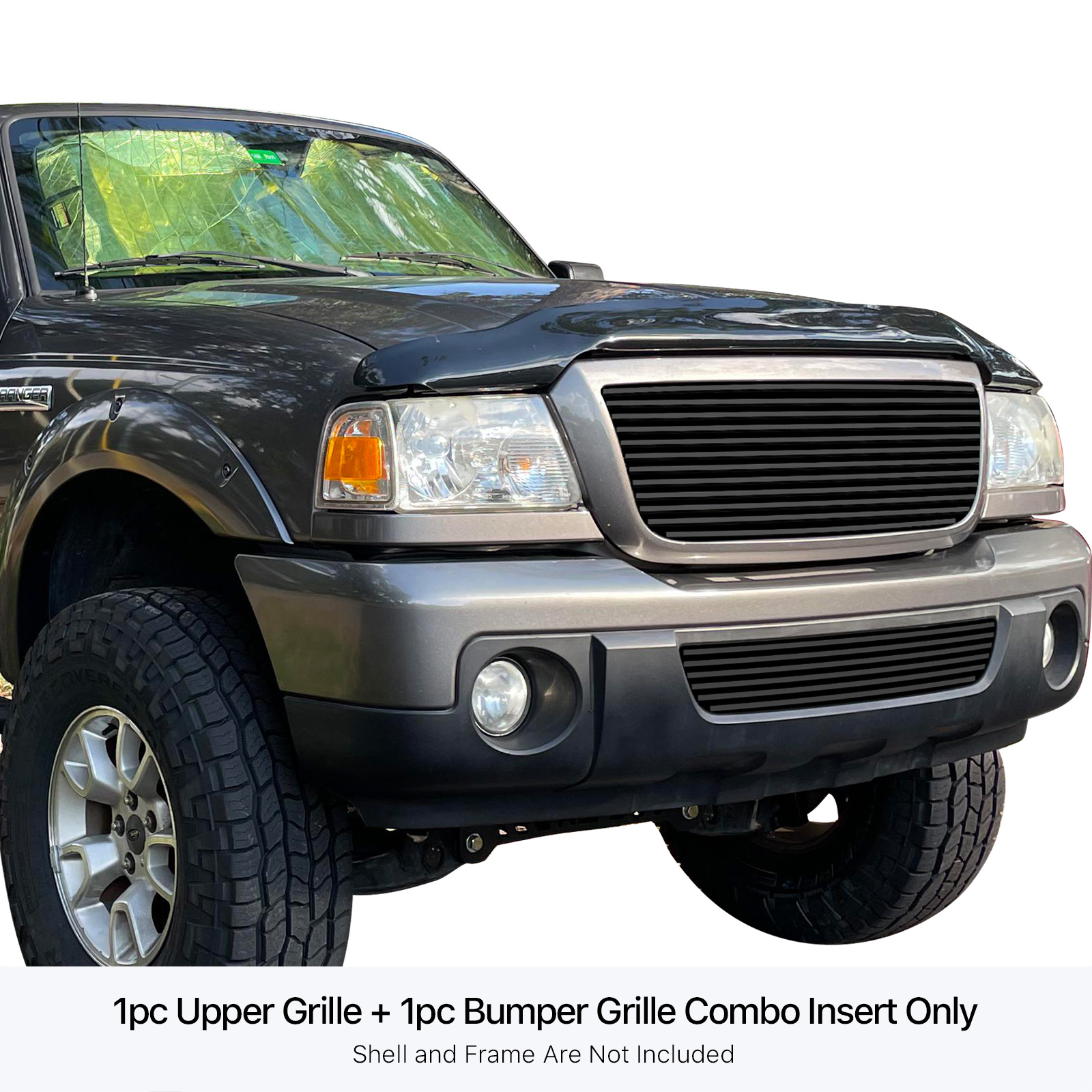 2006-2012 Ford Ranger Not For STX Main Upper + Lower Bumper Black Stainless Steel Billet Grille