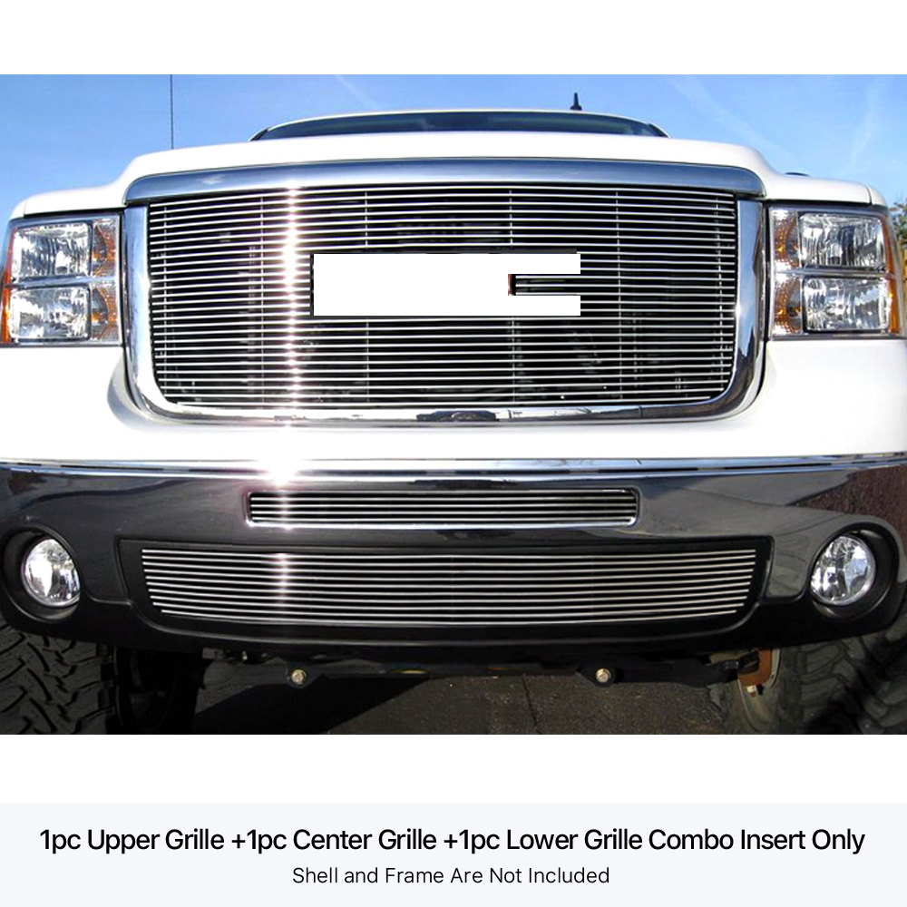 2007-2013 GMC Sierra 1500 New Body Main Upper + Top Bumper + Lower Bumper Aluminum Billet Grille