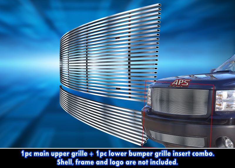 2007-2013 GMC Sierra 1500 New Body Style MAIN UPPER + LOWER BUMPER Stainless Steel Billet Grille