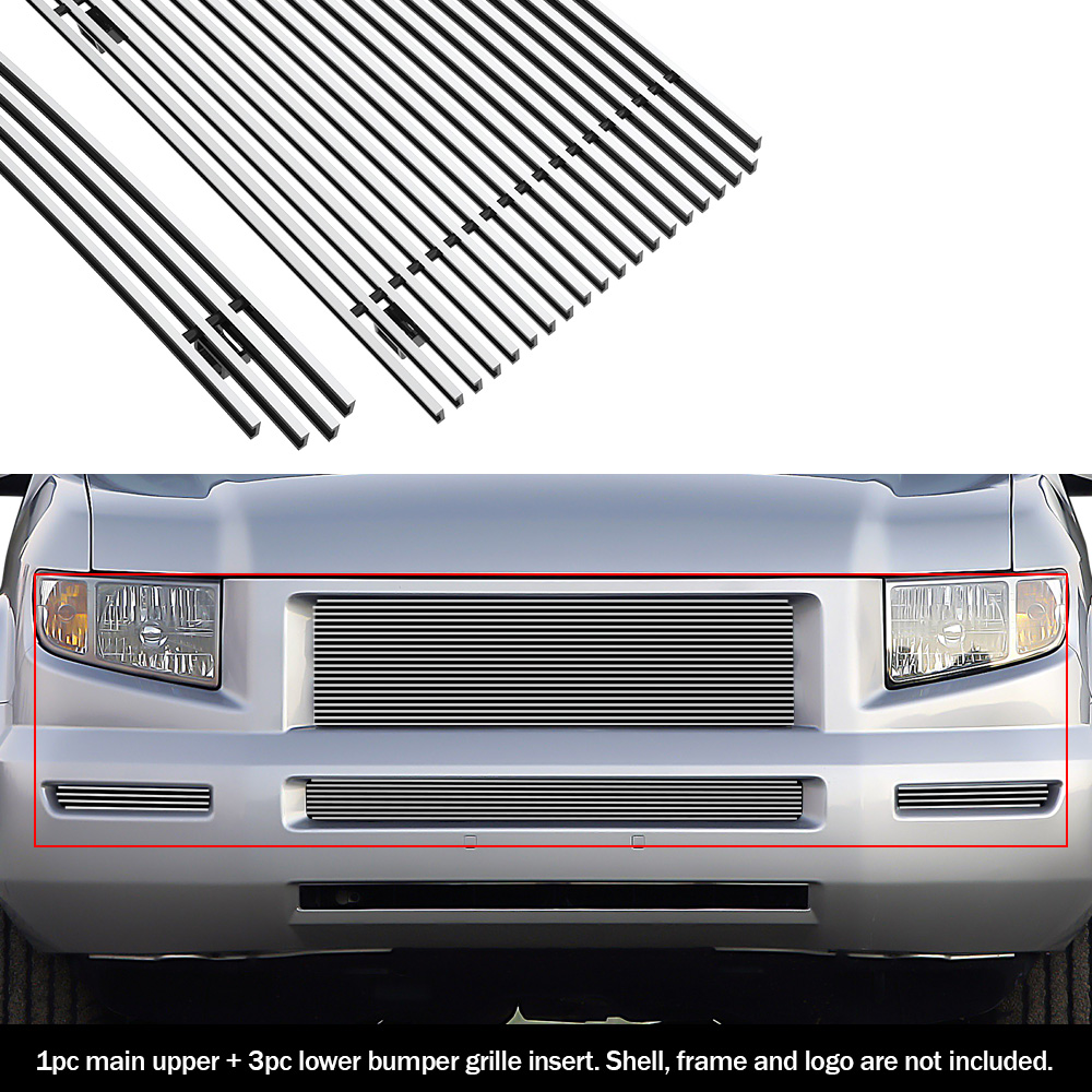 2005-2008 Honda Ridgeline Not For Vehicles With OE Chrome Bumper Package Main Upper+Lower Bumper Aluminum Billet Grille