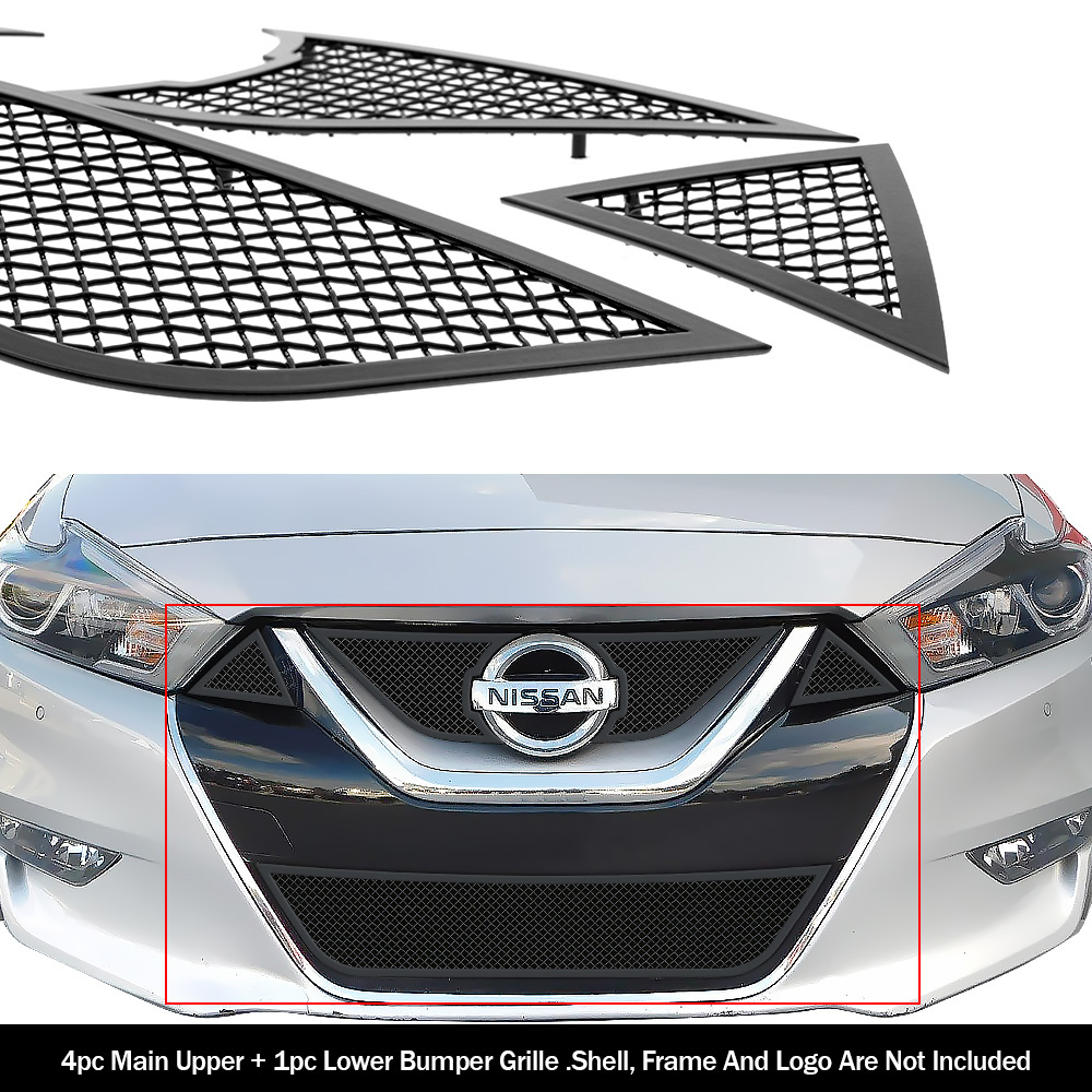 2015-2018 Nissan Maxima Main Upper + Lower Bumper Black Wire Mesh Grille